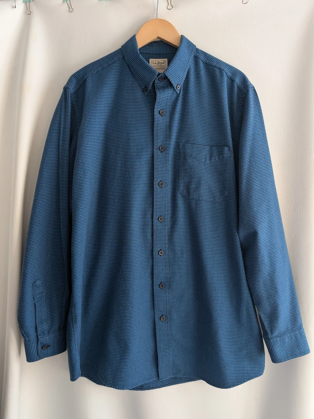 L.L. Bean Blue Black Houndstooth Cotton Flannel Button-Down Shirt - L Tall
